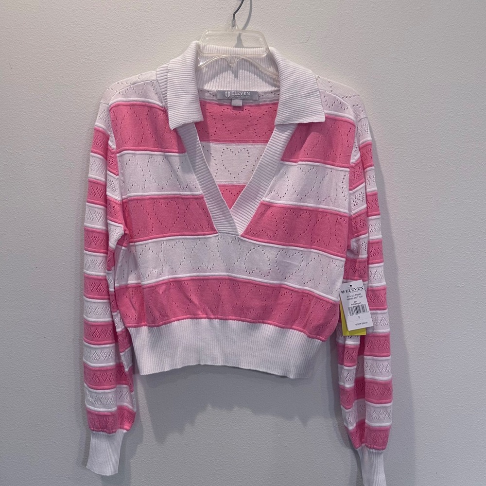 NWT ELEVEN BY VENUS WILLIAMS Karma Knit Top Pink White Striped V Neck Size S